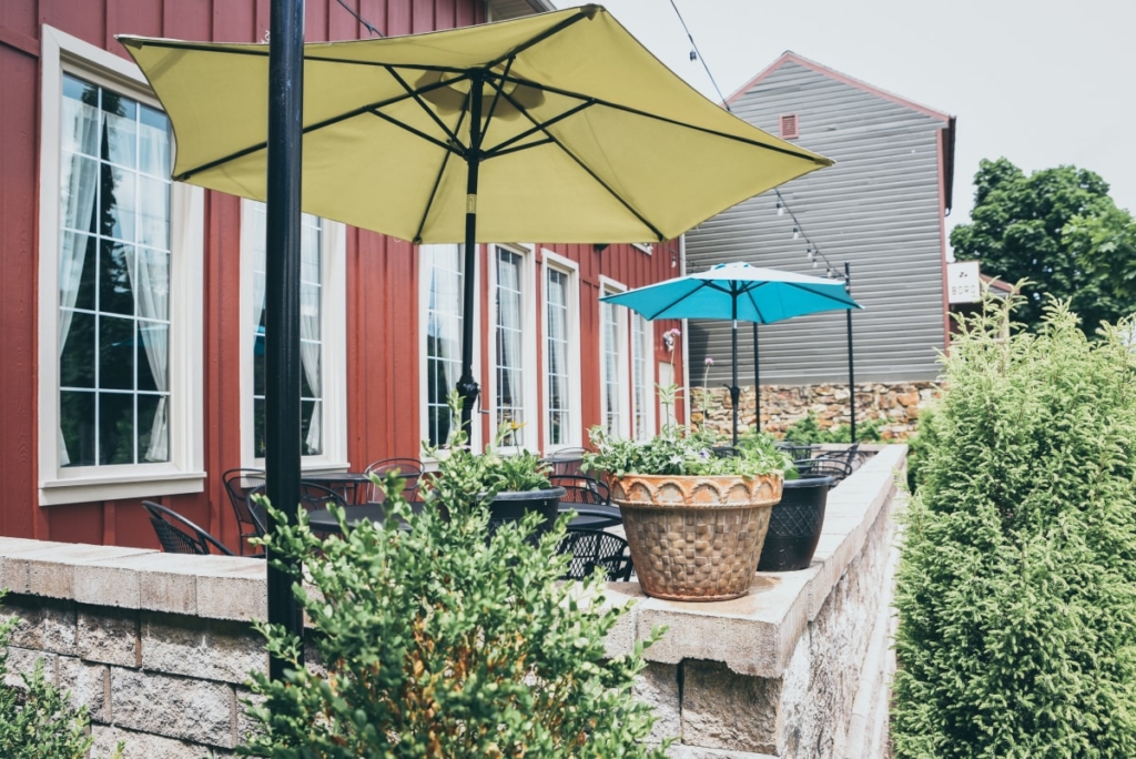 Patio seating with umbrellas